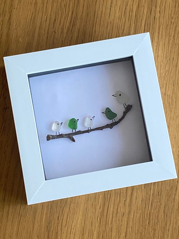 Birds Sea Glass Frame, Sea Glass Frame with Birds, Sea Glass Gift,