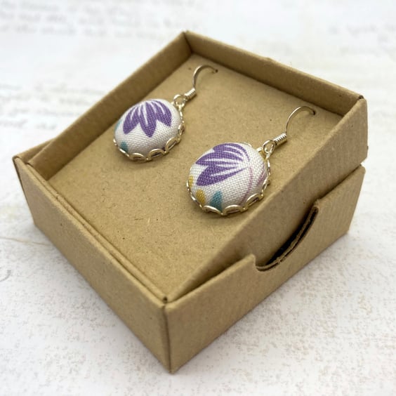Perfectly Imperfect - Lilac tulip spring flower fabric button dangle earrings