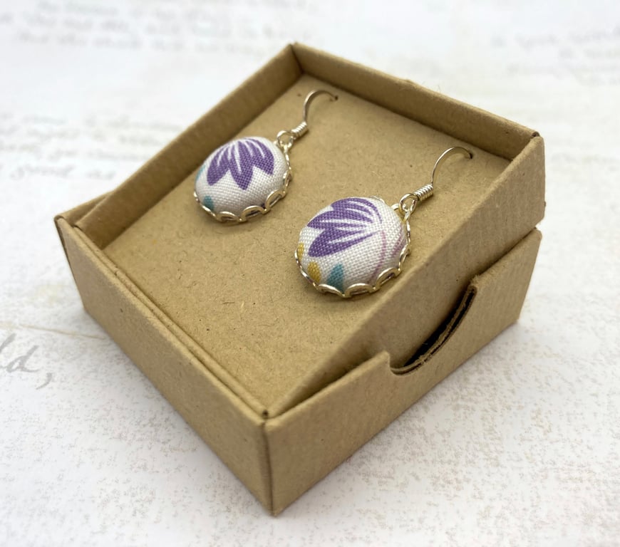 Perfectly Imperfect - Lilac tulip spring flower fabric button dangle earrings