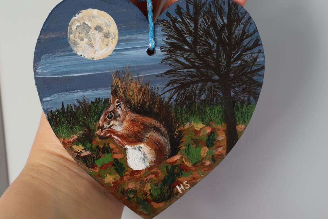 Red Squirrel and Moon Acrylic Painting on Wooden Heart