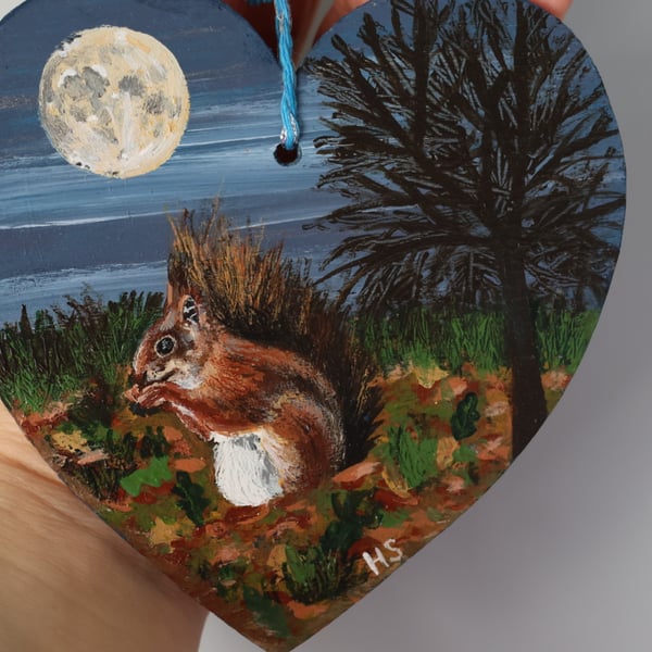 Red Squirrel and Moon Acrylic Painting on Wooden Heart