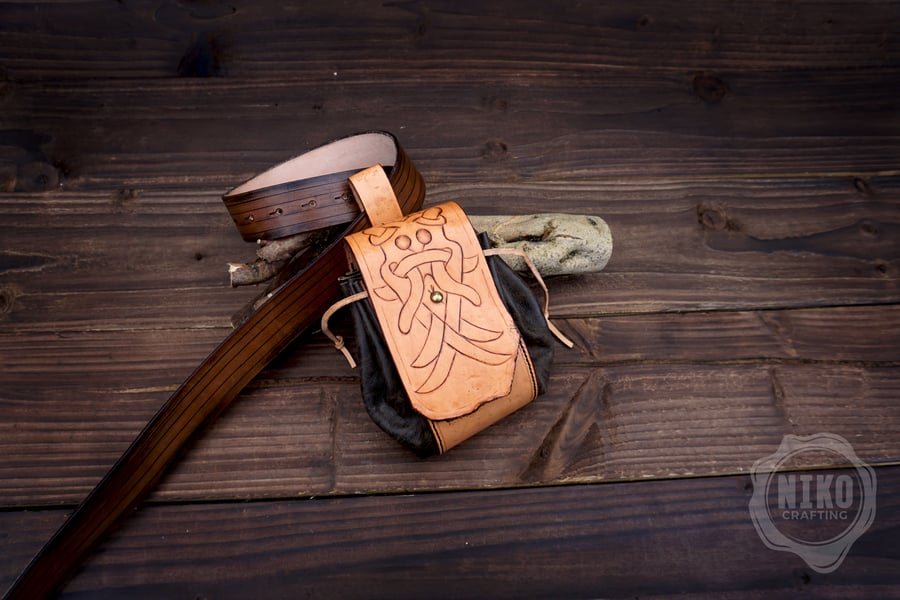 Handmade Viking-style leather Belt Pouch with "Aarhus Stone" Embossing. Hip-bag