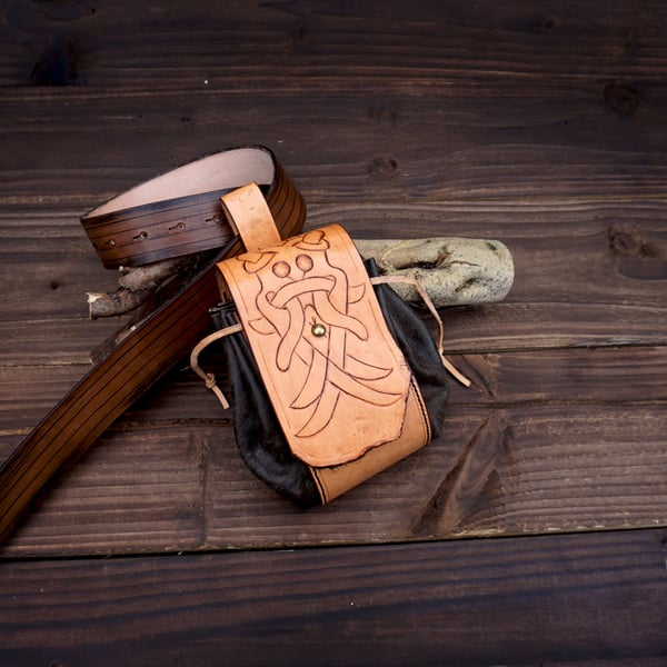 Handmade Viking-style leather Belt Pouch with "Aarhus Stone" Embossing. Hip-bag