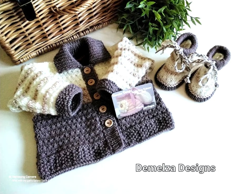 Designer Hand Knitted Baby Boys Jacket & Booties with Merino Wool 0-6 mths size