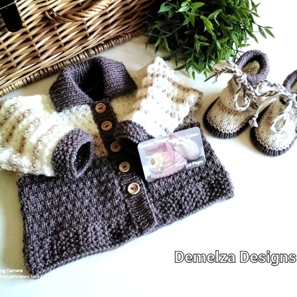 Designer Hand Knitted Baby Boys Jacket & Booties with Merino Wool 0-6 mths size