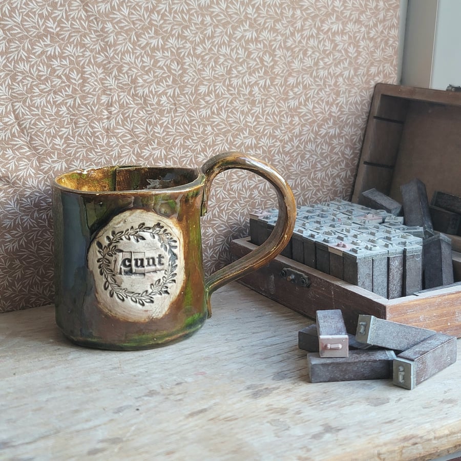 Stoneware mug Green cunt design Ceramic handmade