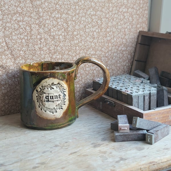 Stoneware mug Green cunt design Ceramic handmade