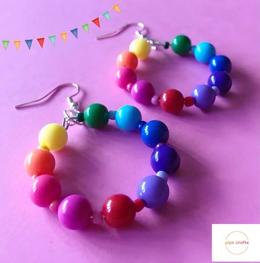Rainbow Bead Hoop Earrings, Colourful & Quirky Handmade Jewellery