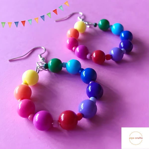 Rainbow Bead Hoop Earrings, Colourful & Quirky Handmade Jewellery