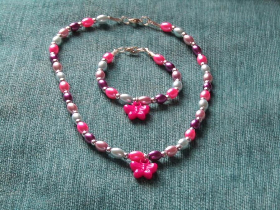 Children's Rice Pearl & Butterfly Charm Jewellery Set