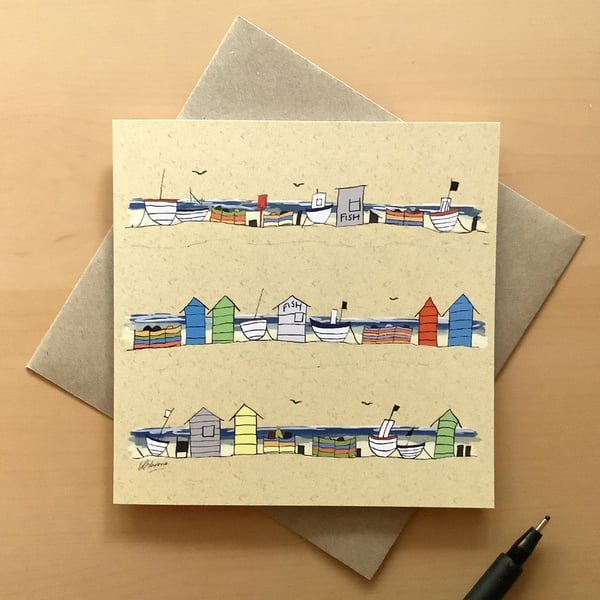 Greetings card - beach huts and boats - birthday card