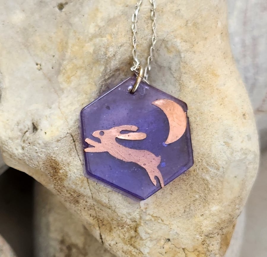 Hare and moon pendant in purple resin