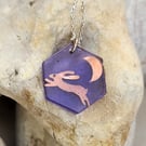 Hare and moon pendant in purple resin