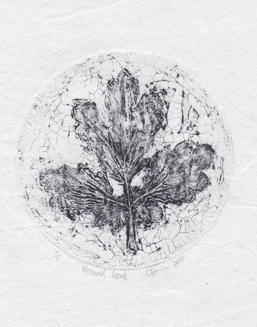 Round Leaf Black One-Off Collagraph Print 