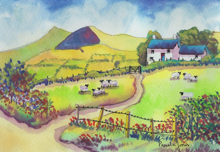 Hillside Cottage, Brecon Beacons, Wales,Watercolour Print in 14 x 11'' Mount
