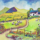 Hillside Cottage, Brecon Beacons, Wales,Watercolour Print in 14 x 11'' Mount