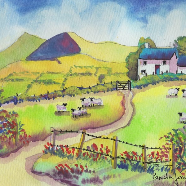 Hillside Cottage, Brecon Beacons, Wales, Original Watercolour in 14 x 11'' Mount