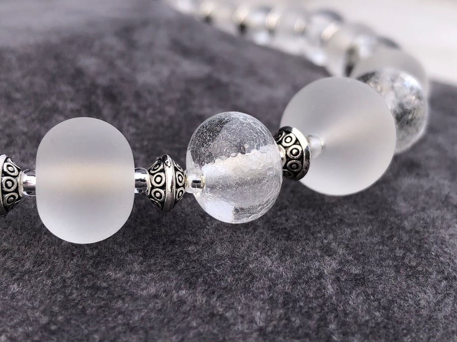 frosted clear sea glass style and textured lampwork glass beaded necklace