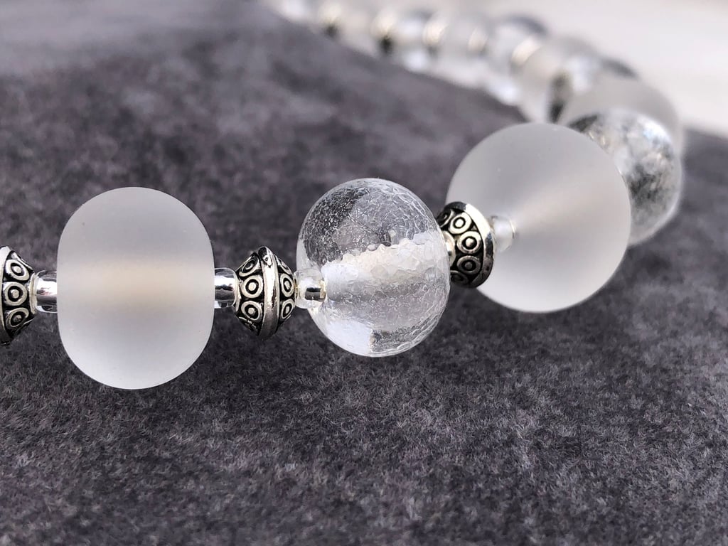 frosted clear sea glass style and textured lampwork glass beaded necklace