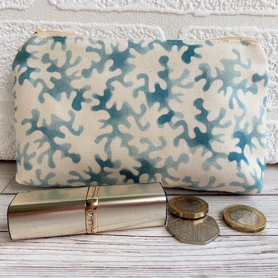 Large purse, coin purse with cream and blue abstract pattern