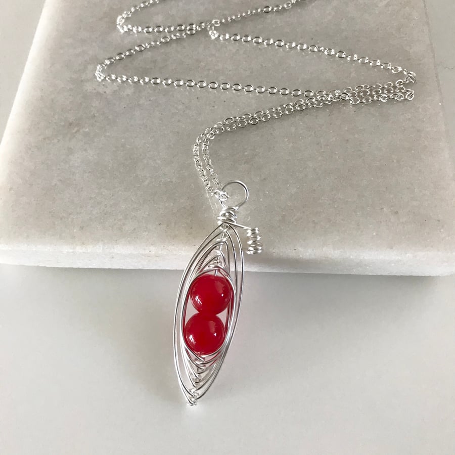Ruby red wire wrapped pea pod necklace 