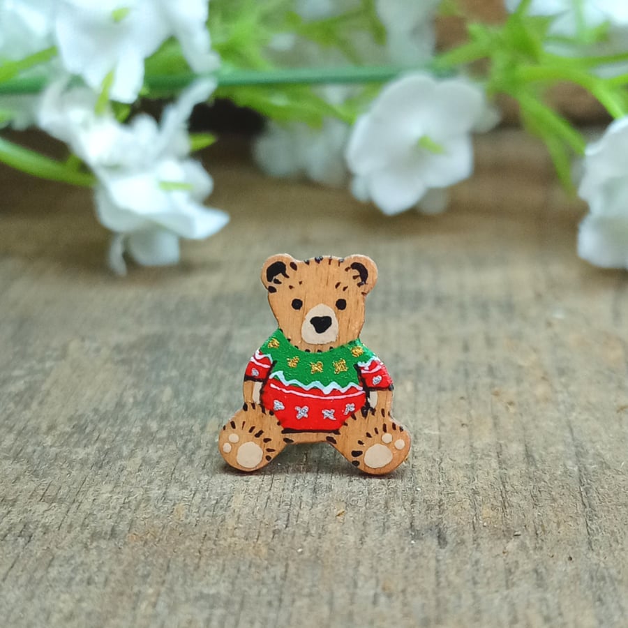 Christmas Teddy Bear Brooch, Handmade Personalised Wooden Festive Jumper Pin