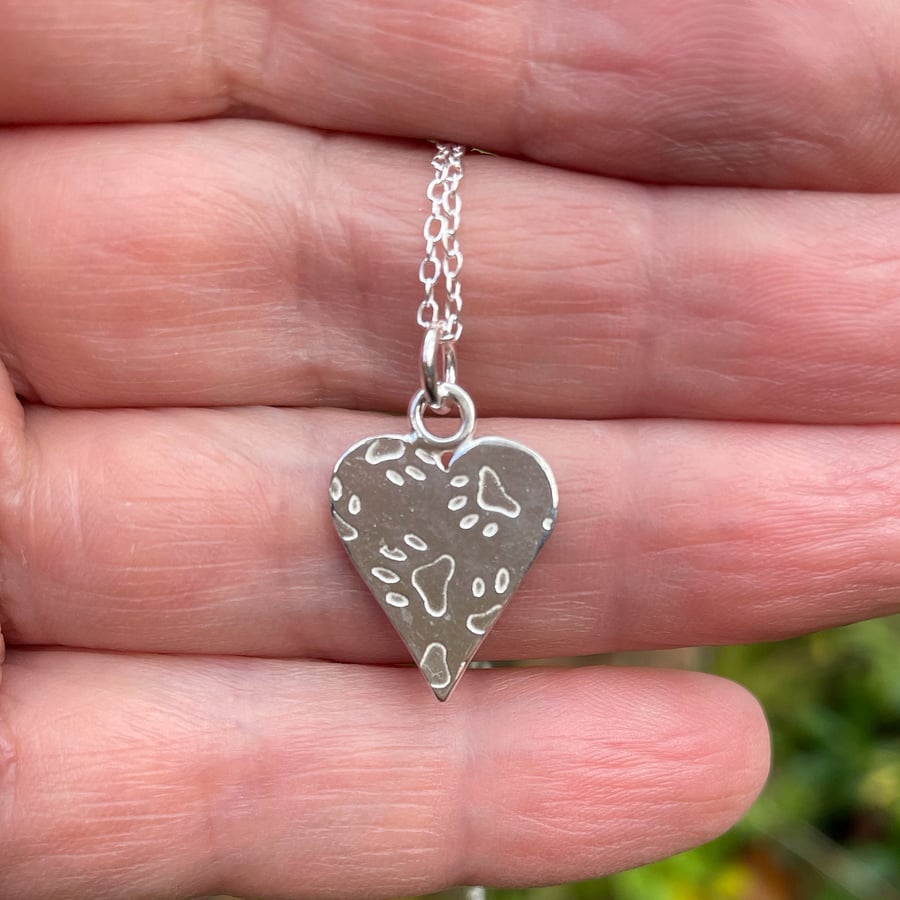 Sterling silver paw print heart pendant and chain