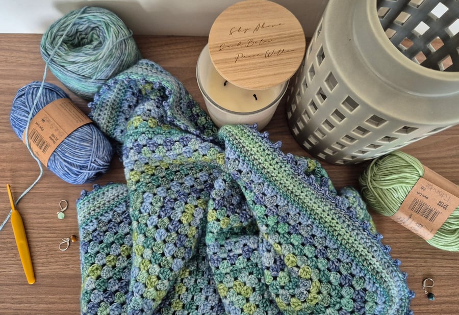 Crochet Granny Square Blanket in Blues and Greens