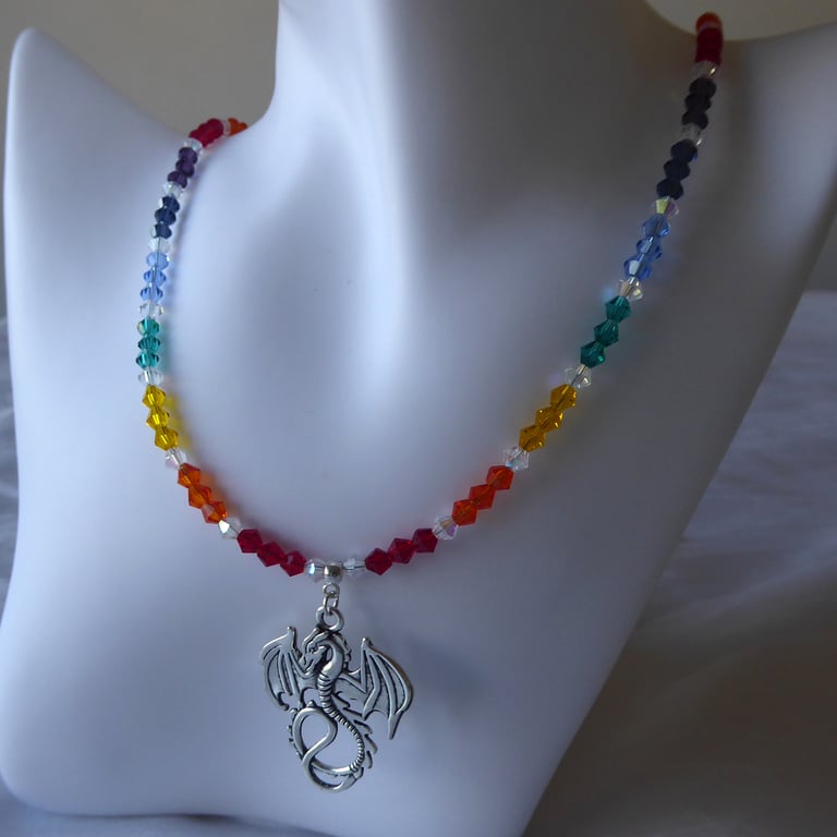 Rainbow Faceted Bead Necklace with Dragon Pendant