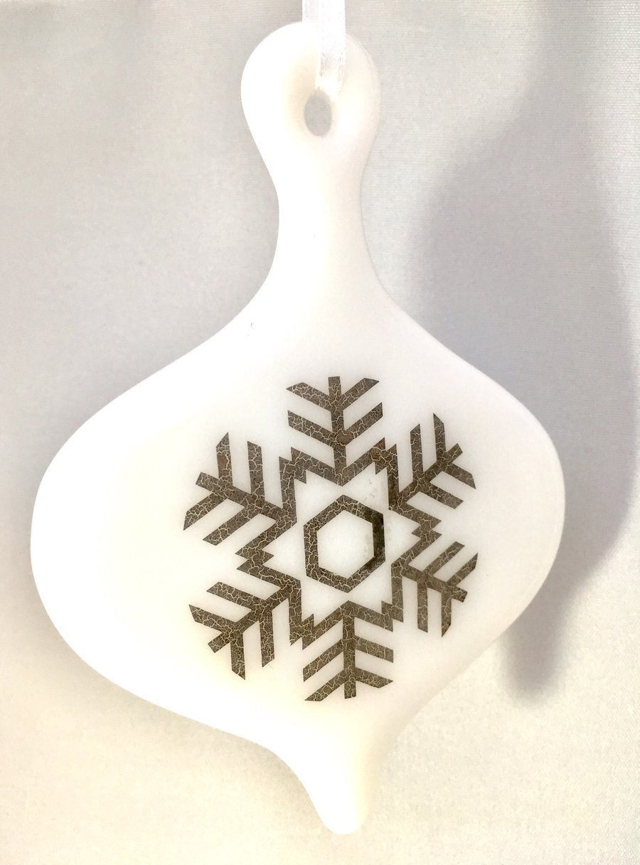 White & Silver Snowflake Fused Glass Christmas Bauble Decoration 