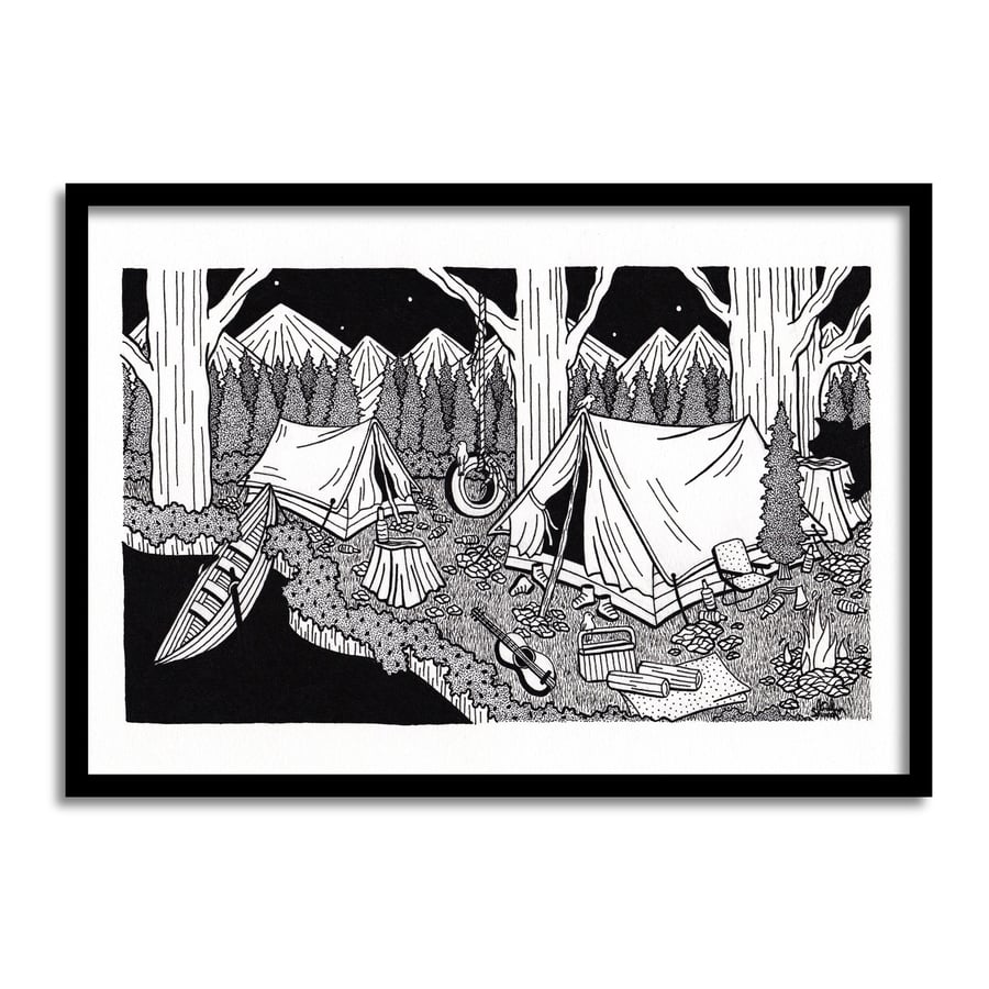 Image of Camping At Night A4 Original Art Pen And Ink Drawing