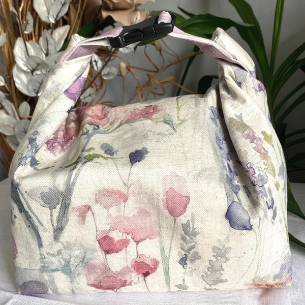 Handmade pastel floral lunch bag cotton roll top reusable eco food bag