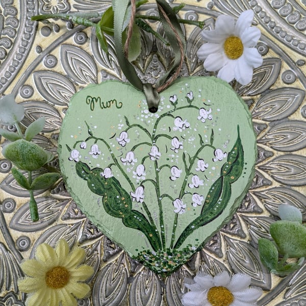 Lily of the valley hand-painted slate heart 