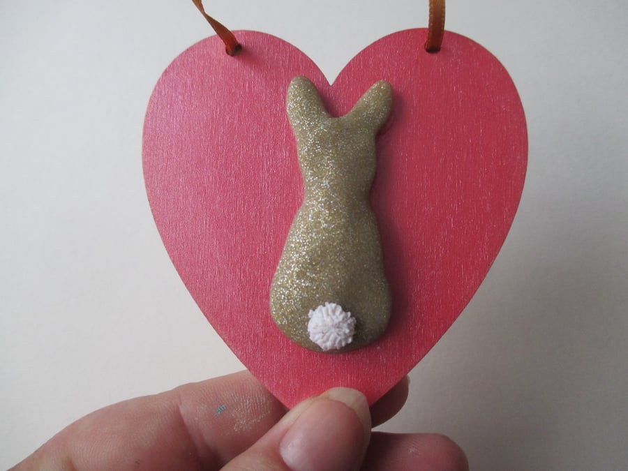 Bunny Rabbit Love Heart Hanging Decoration Pink Red Wood Wooden