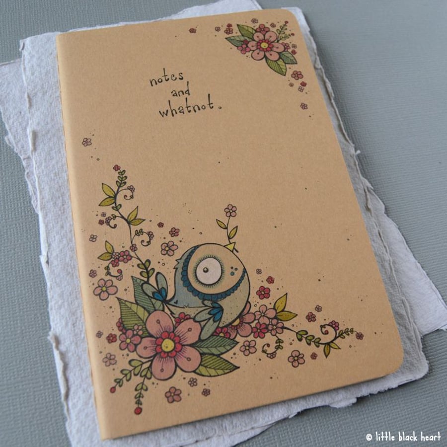 pocket notebook with original illustration - swirly blossom bird