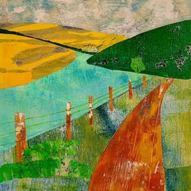 original abstract landscape collage, inspired by Scottish countryside.