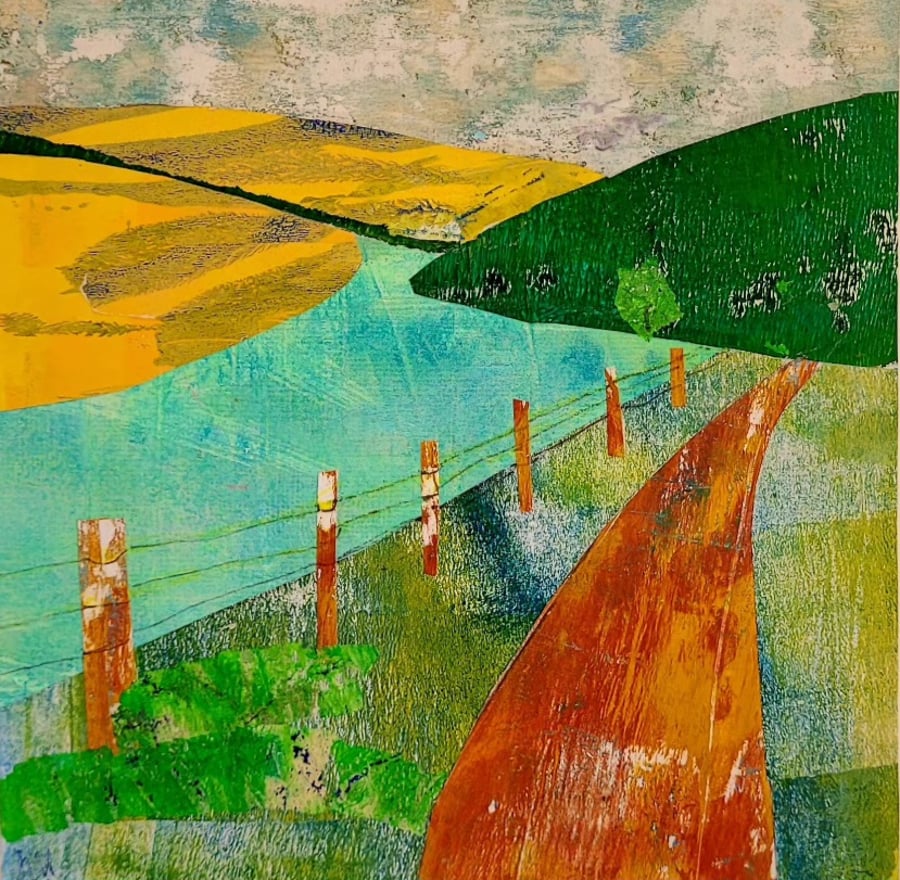 original abstract landscape collage, inspired by Scottish countryside.