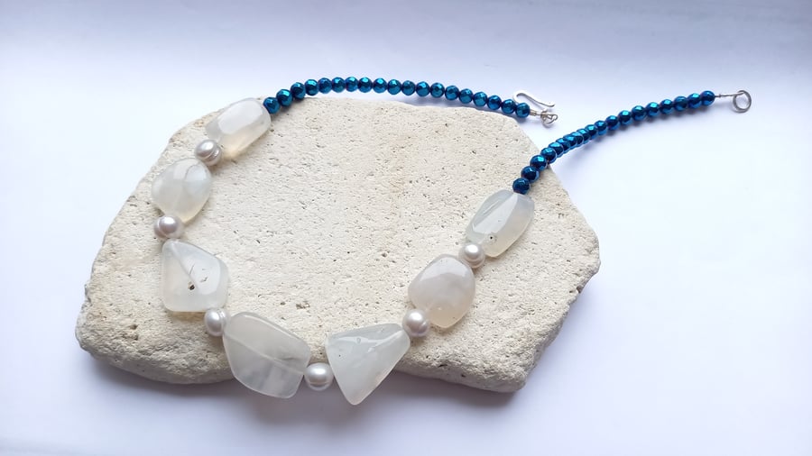 Blue Hematite and White Opal Necklace
