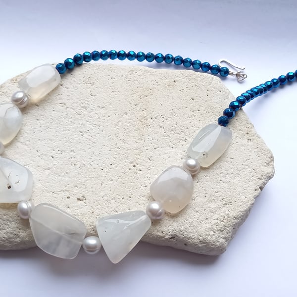 Blue Hematite and White Opal Necklace