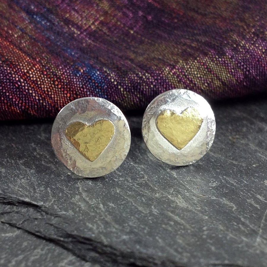  silver and 18ct gold heart stud earrings