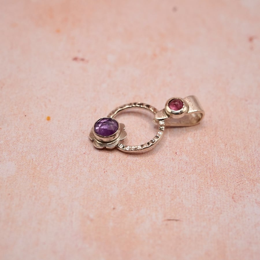 Amethyst and Tourmaline Silver Pendant Handmade