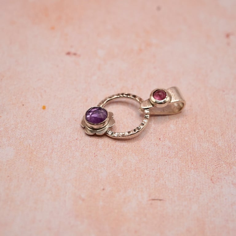 Amethyst and Tourmaline Silver Pendant Handmade