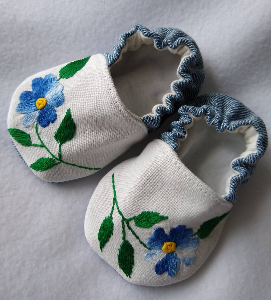 Soft blue flower baby shoes with repurposed vintage embroidery 3 - 6 months