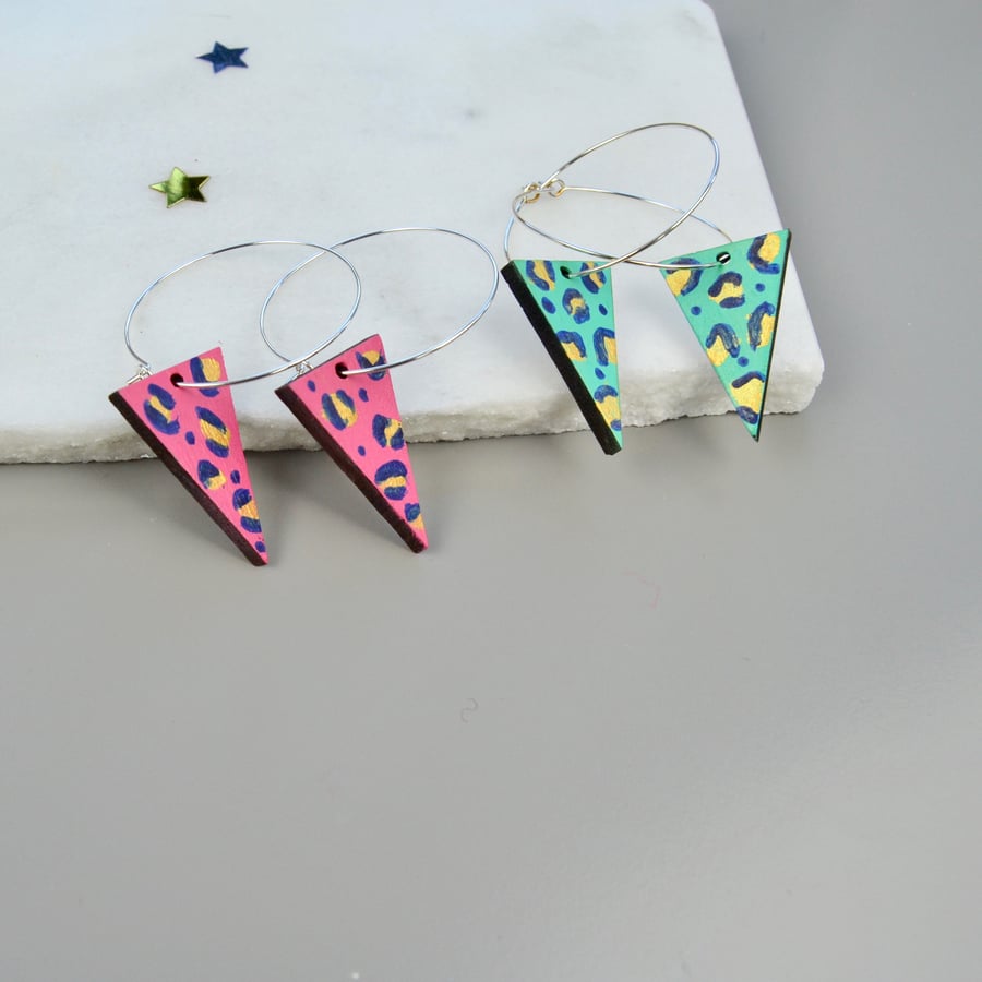 Silver hoop earrings with leopard print wooden triangle