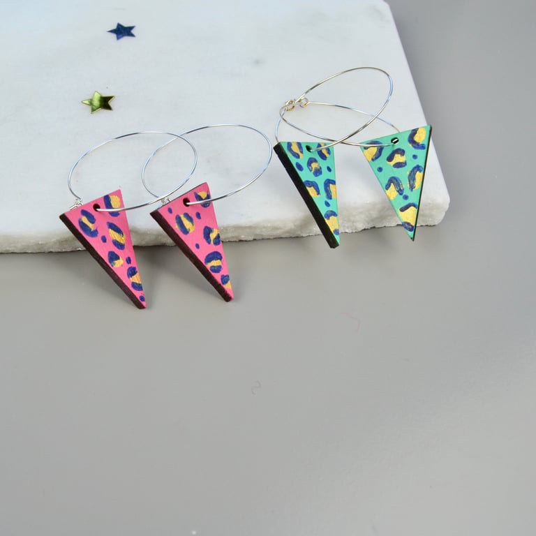 Silver hoop earrings with leopard print wooden triangle