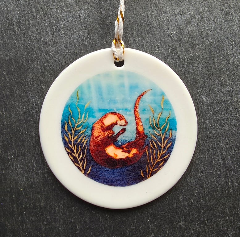 Otter in Kelp Hanging Ceramic Bauble 