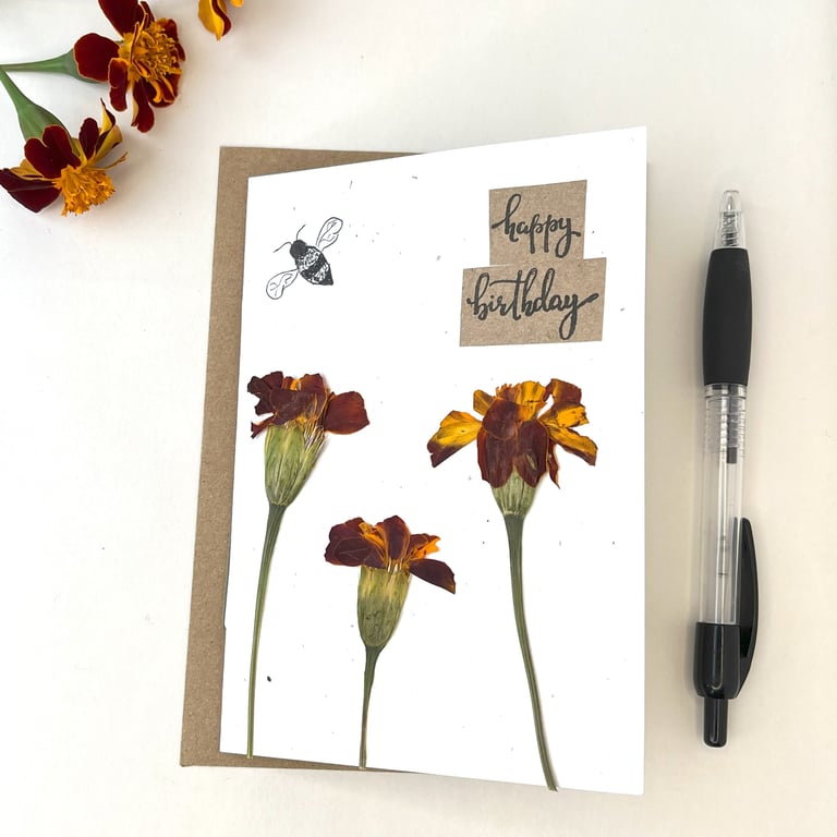 Real Pressed Marigold, October Birth Flower Birthday Card 