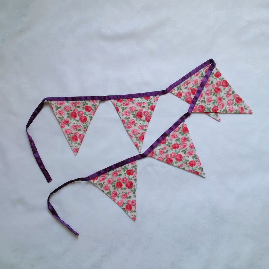 bunting, pink, white, purple, rose fabric, bedroom, summer house, girls gift
