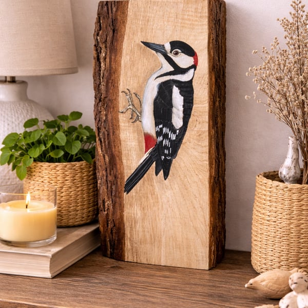 Greater spotted woodpecker original painting on oak