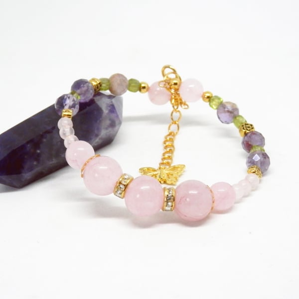 Rose Quartz Memory Wire Beaded Bracelet